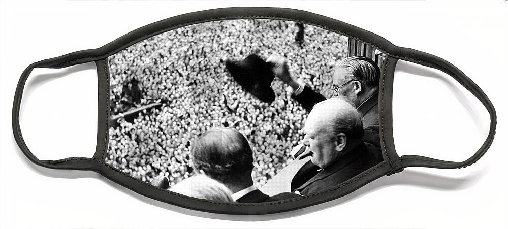 Second World War Face Mask featuring the photograph Winston Churchill looking out over crowds celebrating the end of the Second World War by English School