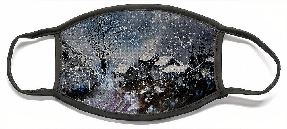 Landscape Face Mask featuring the painting winter in Orchimont by Pol Ledent