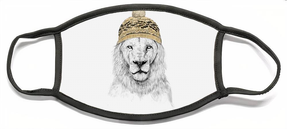 #faaAdWordsBest Face Mask featuring the drawing Winter lion by Balazs Solti