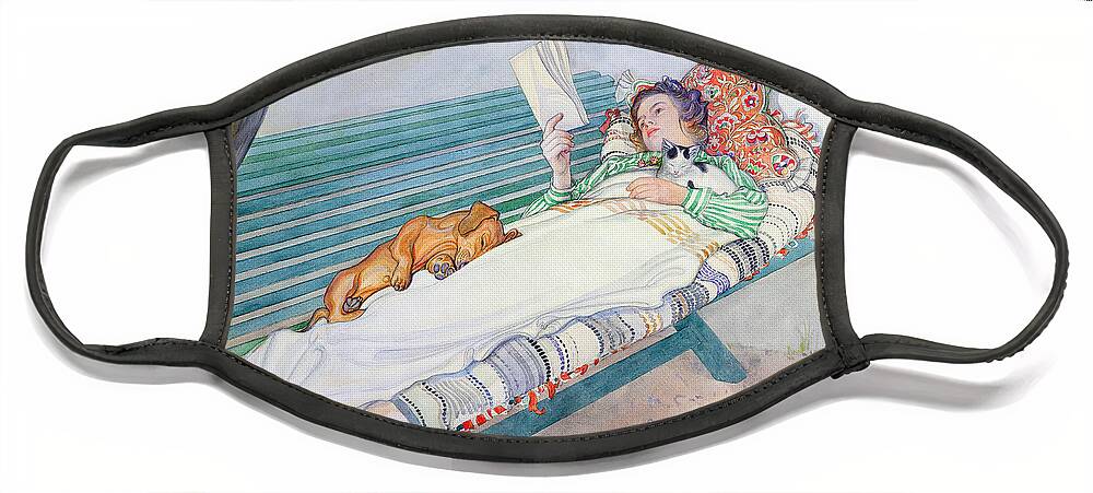 Woman Face Mask featuring the painting Woman Lying on a Bench by Carl Larsson