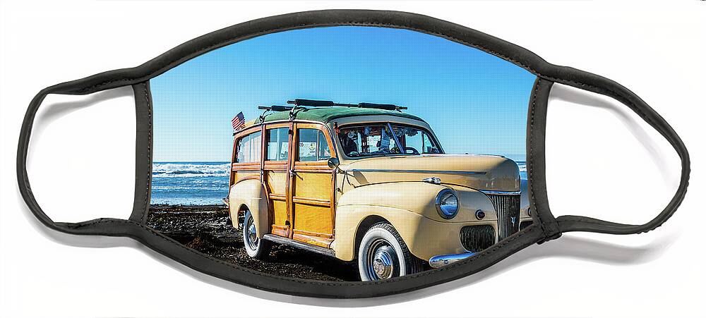 Beach Face Mask featuring the photograph Woodie Parked on Cardiff-by-the-Sea Beach by David Levin