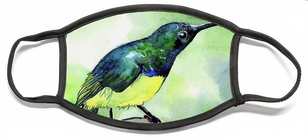 Yellow Bellied Sunbird Face Mask featuring the painting Yellow Bellied Sunbird by Dora Hathazi Mendes