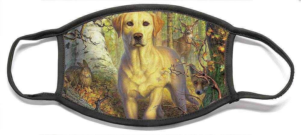 Labrador Face Mask featuring the digital art Yellow Lab in Fall by Mark Fredrickson