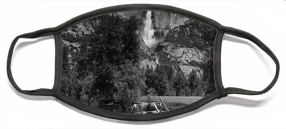 Yosemite Falls From Swinging Bridge Face Mask featuring the photograph Yosemite Falls from Swinging Bridge in Black and White by Raymond Salani III