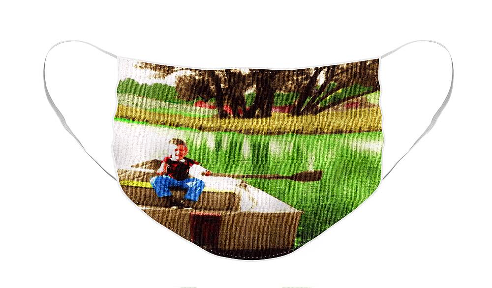 Landscape Face Mask featuring the digital art Young Boy Rowing a Boat by Cliff Wilson