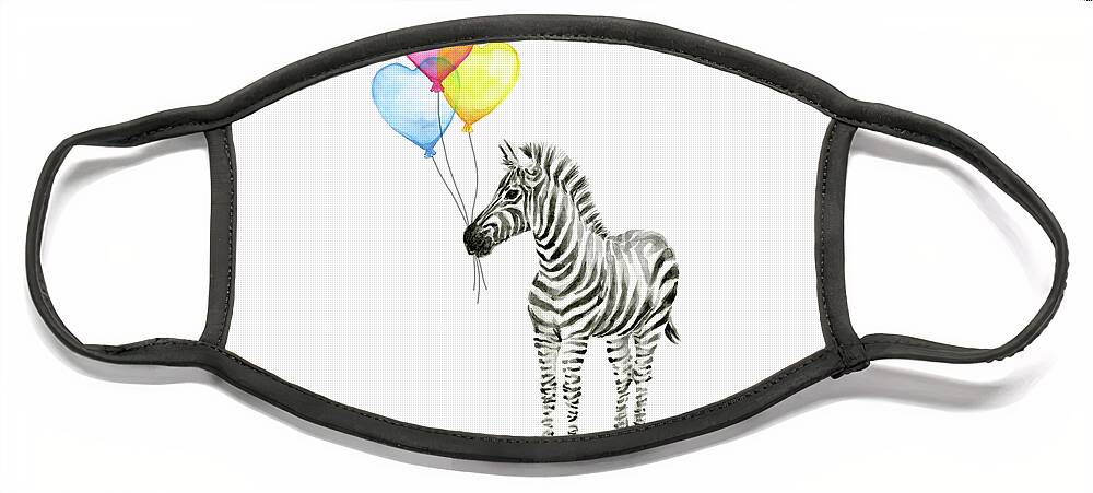 Zebra Face Mask featuring the painting Baby Zebra Watercolor Animal with Balloons by Olga Shvartsur