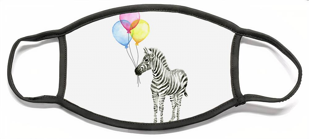 Zebra Face Mask featuring the painting Zebra Watercolor with Balloons by Olga Shvartsur