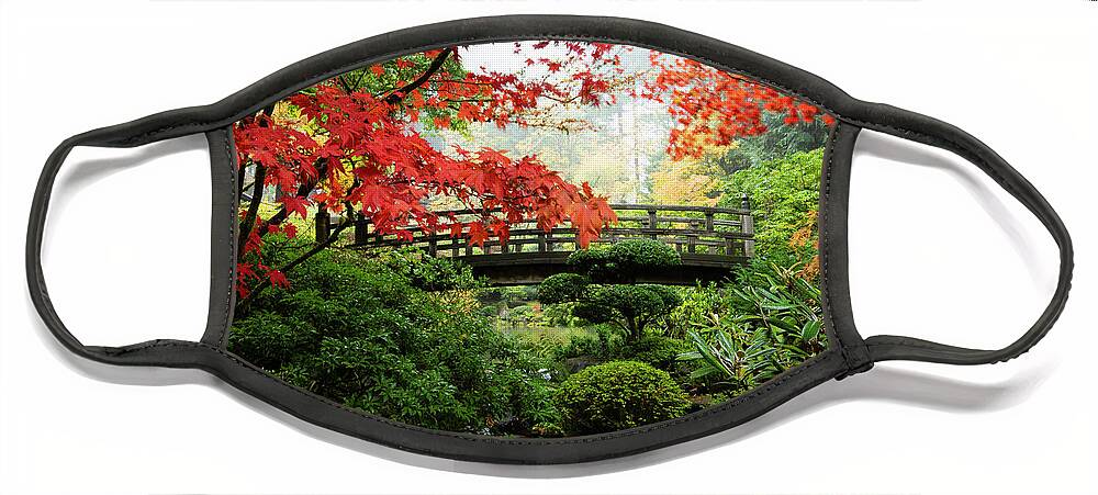 Photography Face Mask featuring the photograph Autumn Leaves On Trees And Footbridge #1 by Panoramic Images