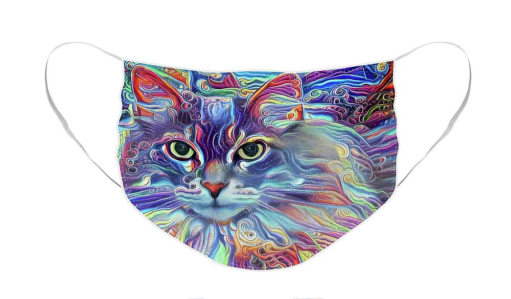Long Haired Cat Face Mask featuring the digital art Colorful Long Haired Cat Art by Peggy Collins