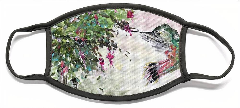 Hummingbird Face Mask featuring the painting Hummingbird with Fuchsias by Roxy Rich