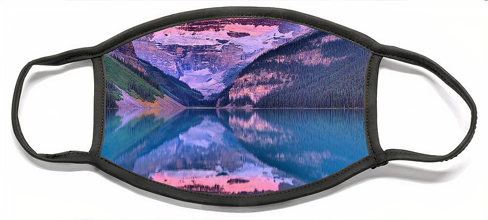 Lake Louise Face Mask featuring the photograph Lake Louise Summer Sunrise Panorama #1 by Adam Jewell