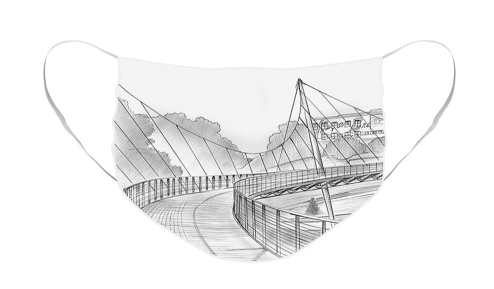 Liberty Bridge Face Mask featuring the drawing Liberty Bridge by Greg Joens