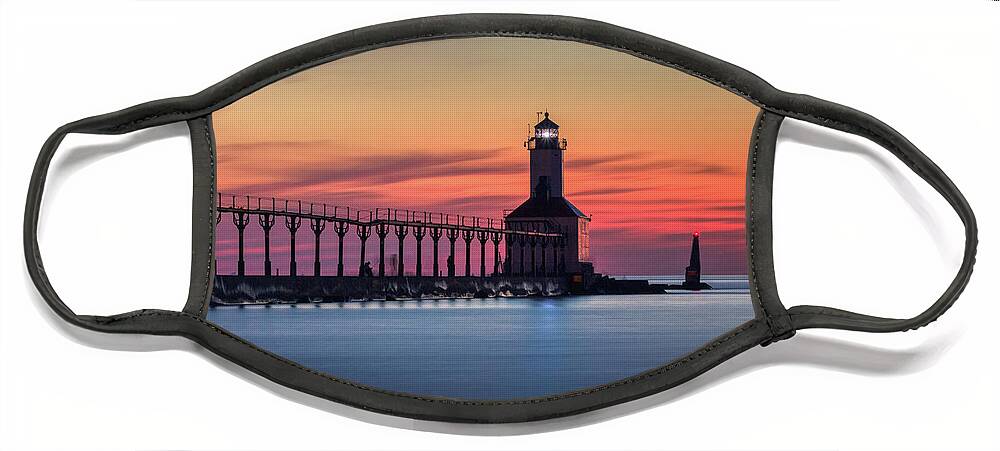 Architecture Face Mask featuring the photograph Michigan City East Pierhead Lighthouse After Sunset #1 by Andy Konieczny