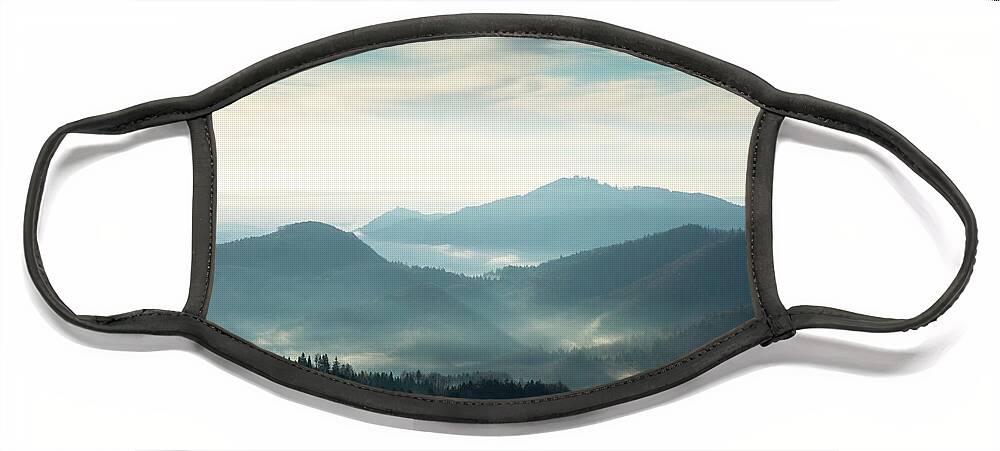 Jamnik Face Mask featuring the photograph Morning view across to Sv Jost from the Jamnik Hills #1 by Ian Middleton