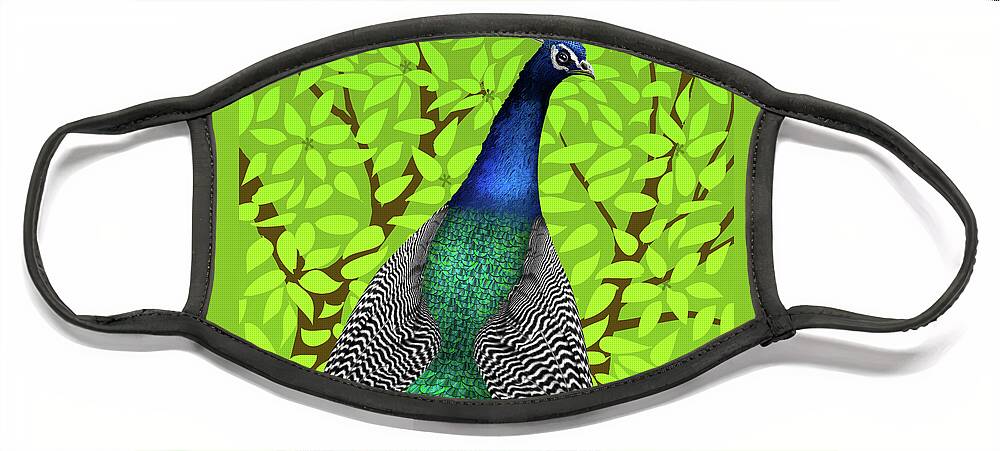 Peacock In Tree Face Mask featuring the painting Peacock in Tree, Lime Green, Square by David Arrigoni
