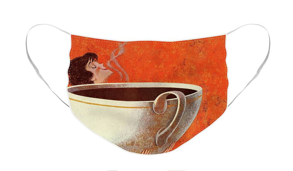 Adult Face Mask featuring the drawing Woman Smelling Giant Cup of Coffee #1 by CSA Images