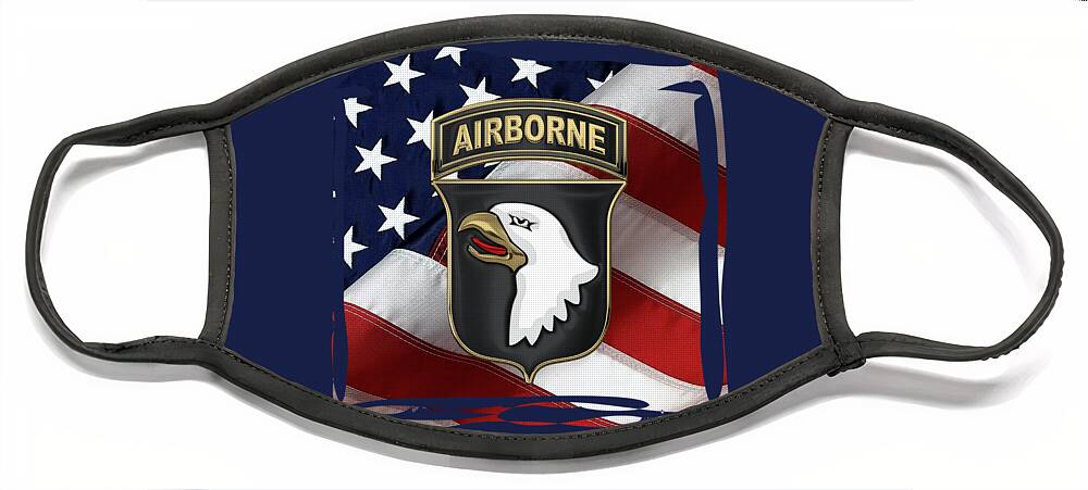 Military Insignia & Heraldry By Serge Averbukh Face Mask featuring the digital art 101st Airborne Division - 101st A B N Insignia over American Flag by Serge Averbukh