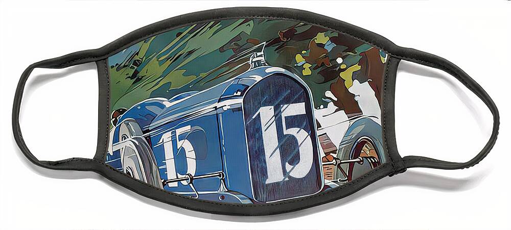 Vintage Face Mask featuring the mixed media 1924 Racing Car At Speed Country Road Original French Art Deco Illustration by Roger Soubie