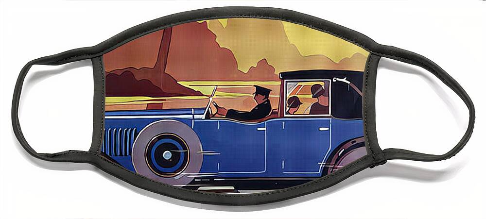 Vintage Face Mask featuring the mixed media 1926 Town Car With Driver And Occupants Lakeside Setting 1927 Farmer And Tractor Field Setting Original French Art Deco Illustration by Retrographs