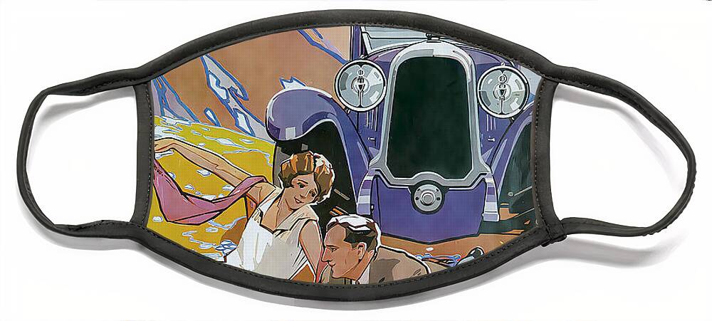 Vintage Face Mask featuring the mixed media 1927 Isotta Fraschini Open Sports Car At Speed Country Road Original French Art Deco Illustration by Retrographs