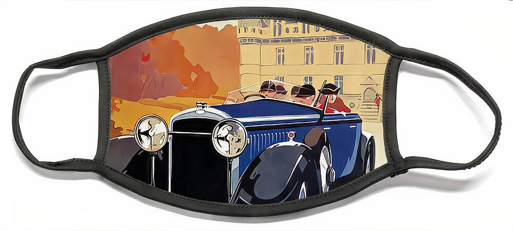 Vintage Face Mask featuring the mixed media 1929 Skiff Touring Car With Occupants Leaving Castle Original French Art Deco Illustration by Retrographs