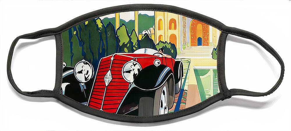 Vintage Face Mask featuring the mixed media 1930 Renault Sports Skiff Touring Car Eastern Poolside Setting Original French Art Deco Illustration by Retrographs