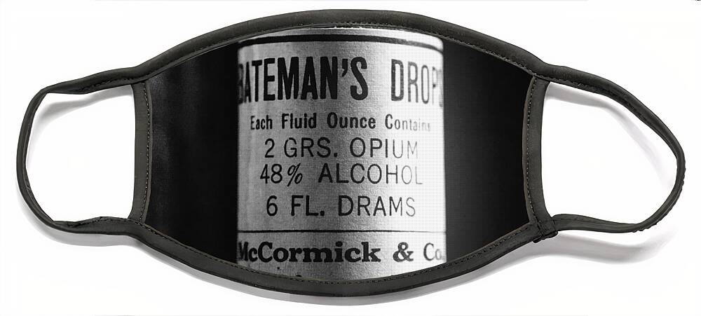 Bateman's Drops Face Mask featuring the photograph Antique McCormick and Co Baltimore MD Bateman's Drops Opium Bottle Label - Black and White by Marianna Mills
