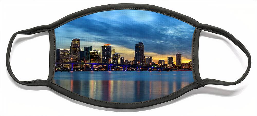Biscayne Bay Face Mask featuring the photograph Miami Sunset Skyline by Raul Rodriguez