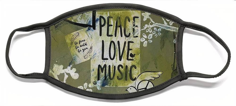  Face Mask featuring the mixed media Peace Love Music Green #2 by Jamie Hoffman