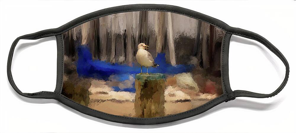 Boats Face Mask featuring the digital art A Seagull At Pirates Cove by Lois Bryan
