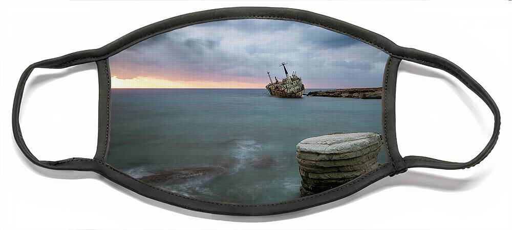 Seascape; Coastline; Sunset; Sundown Face Mask featuring the photograph Abandoned Ship EDRO III Cyprus by Michalakis Ppalis