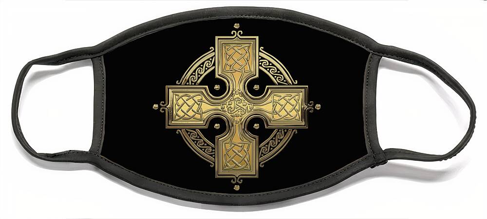 ‘celtic Treasures’ Collection By Serge Averbukh Face Mask featuring the digital art Ancient Gold Celtic Knot Cross over Black Velvet by Serge Averbukh