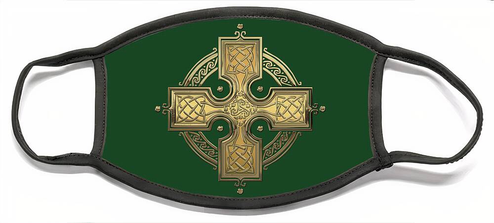 ‘celtic Treasures’ Collection By Serge Averbukh Face Mask featuring the digital art Ancient Gold Celtic Knot Cross over Green Velvet by Serge Averbukh