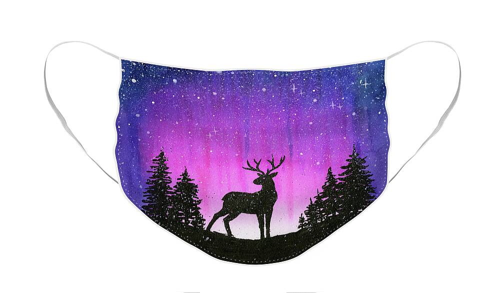 Watercolor Face Mask featuring the painting Winter Forest Galaxy Reindeer by Olga Shvartsur