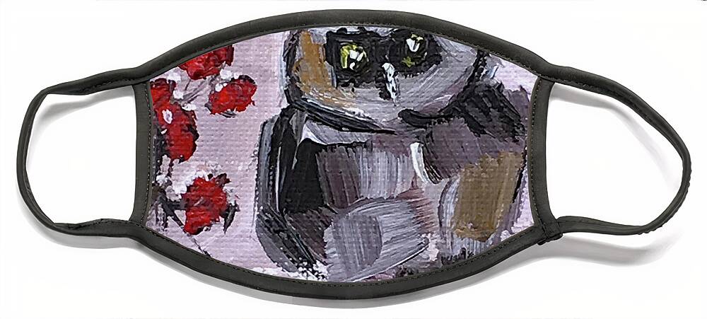 Owl Face Mask featuring the painting Baby Owl with Berries by Roxy Rich