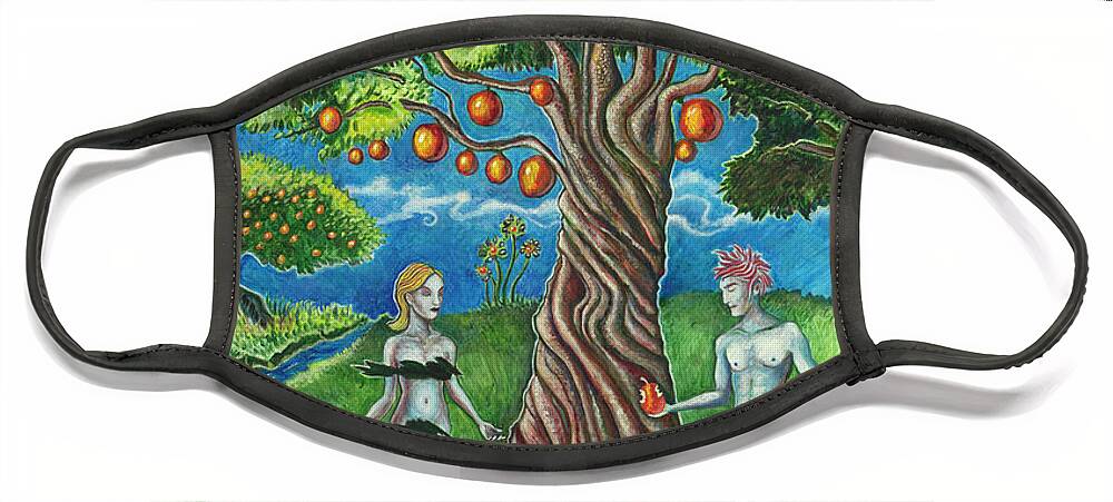 Adam And Eve Face Mask featuring the painting Bad and Angelina by Yom Tov Blumenthal