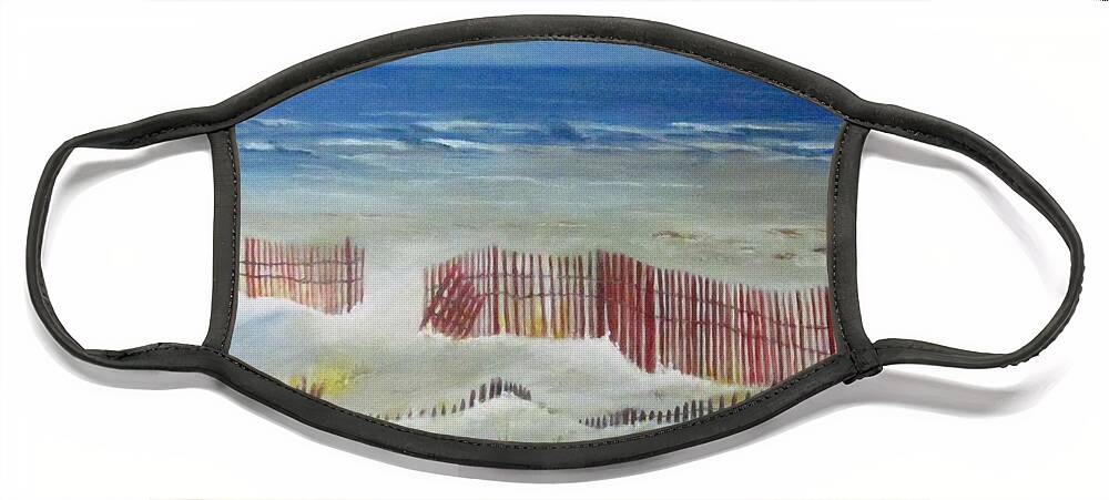 Painting Face Mask featuring the painting Beach With Red Fence by Paula Pagliughi