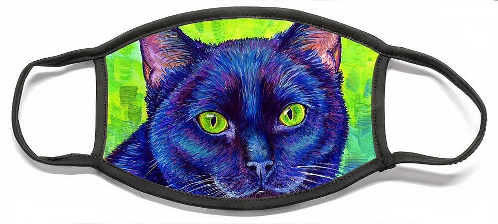 Cat Face Mask featuring the painting Black Cat with Chartreuse Eyes by Rebecca Wang