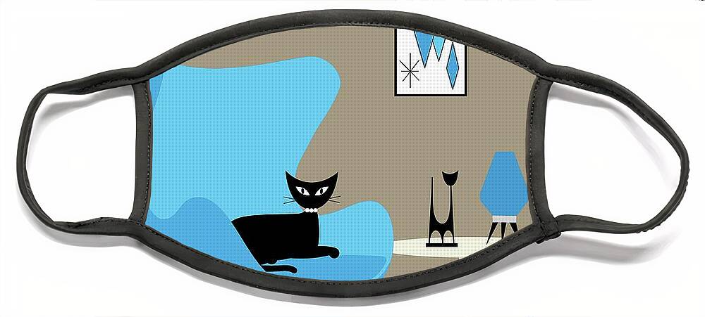 Mid Century Modern Face Mask featuring the digital art Blue Egg Chair with Cats by Donna Mibus