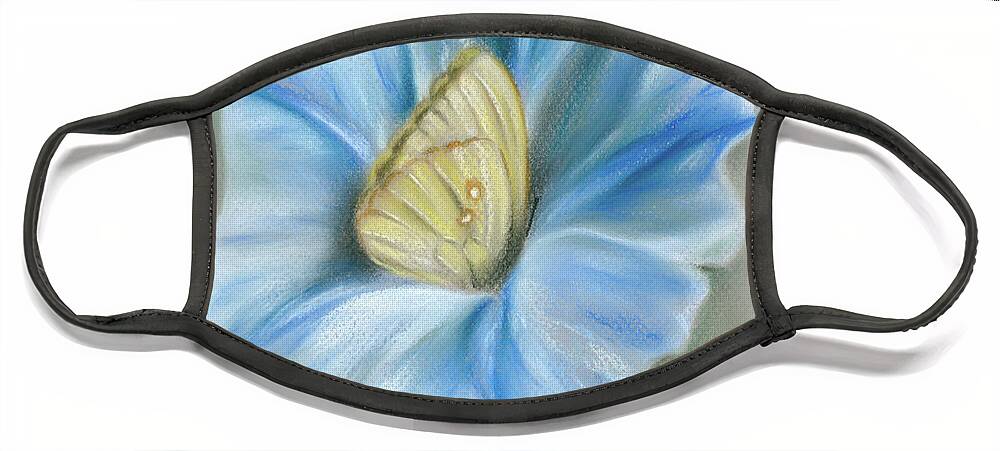 Botanical Face Mask featuring the painting Blue Morning Glory with Yellow Butterfly by MM Anderson