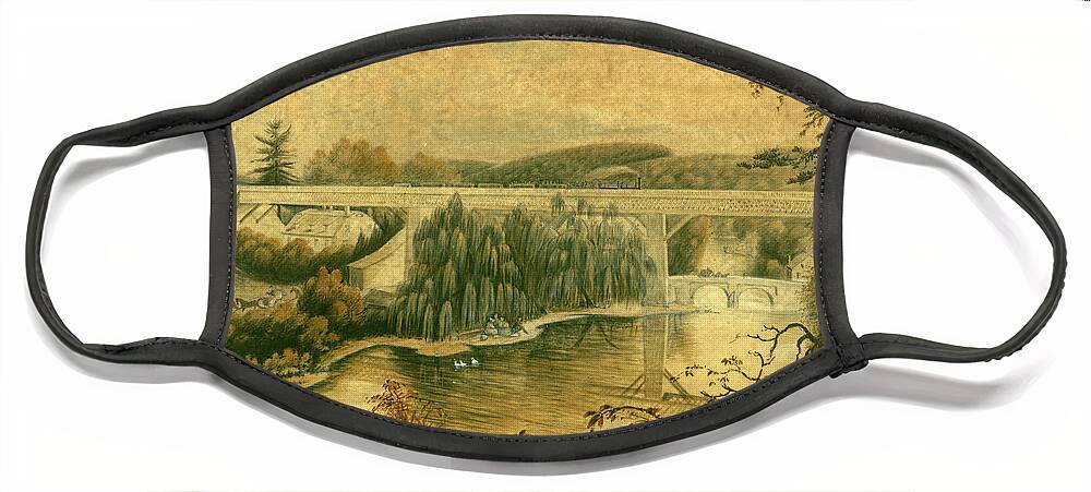 Bridge Face Mask featuring the drawing Bridge over the Wissahickon Creek, about 1835 by William Breton