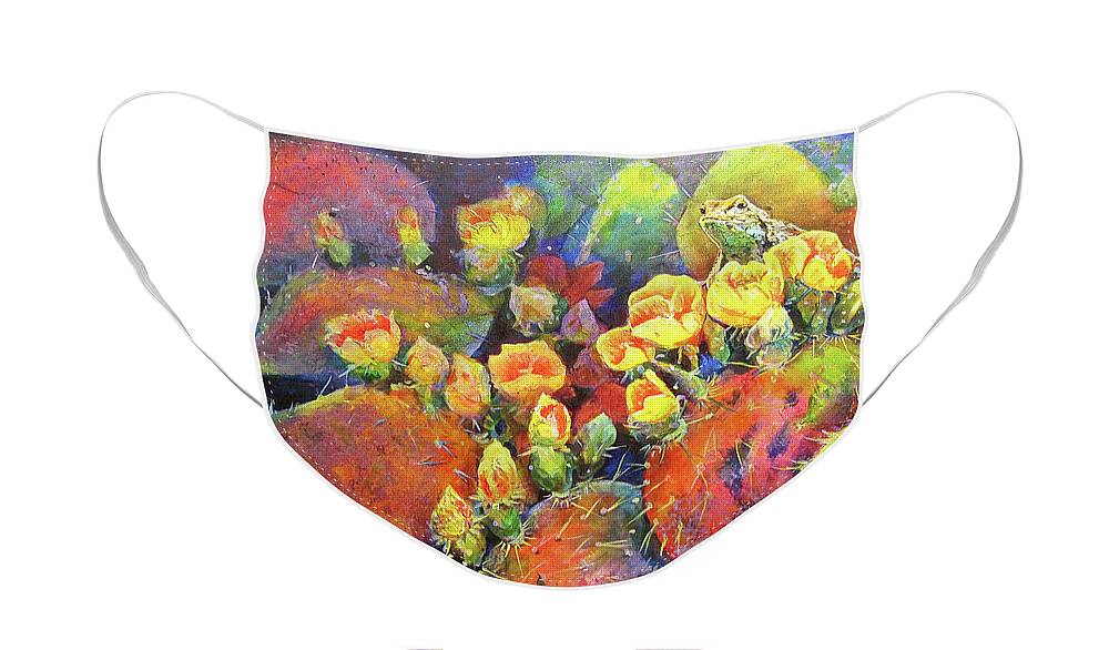 Colorful Face Mask featuring the painting Cactus and the Rock Lizard by Cynthia Westbrook