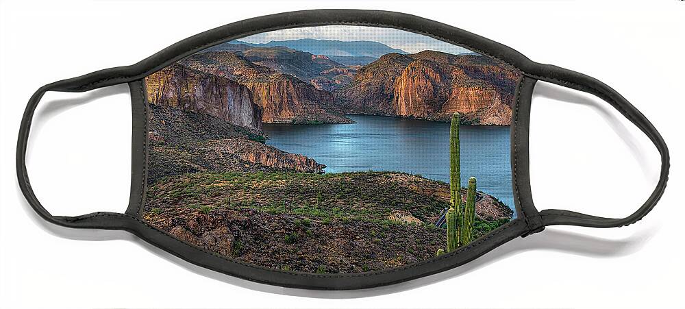 Canyon Lake Face Mask featuring the photograph Canyon Lake Four Peaks Saguaro Overlook by Dave Dilli