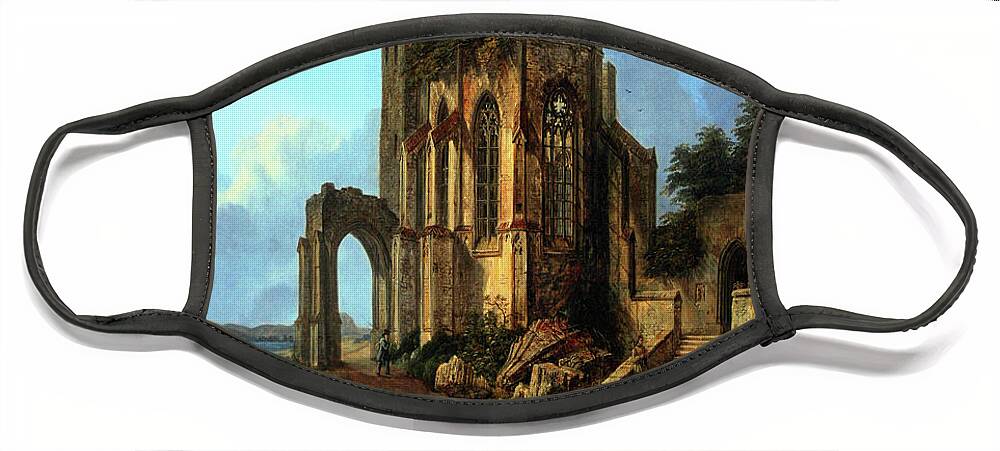 Church Ruins By The Sea Face Mask featuring the painting Church Ruins By The Sea by Domenico Quaglio the Younger by Rolando Burbon