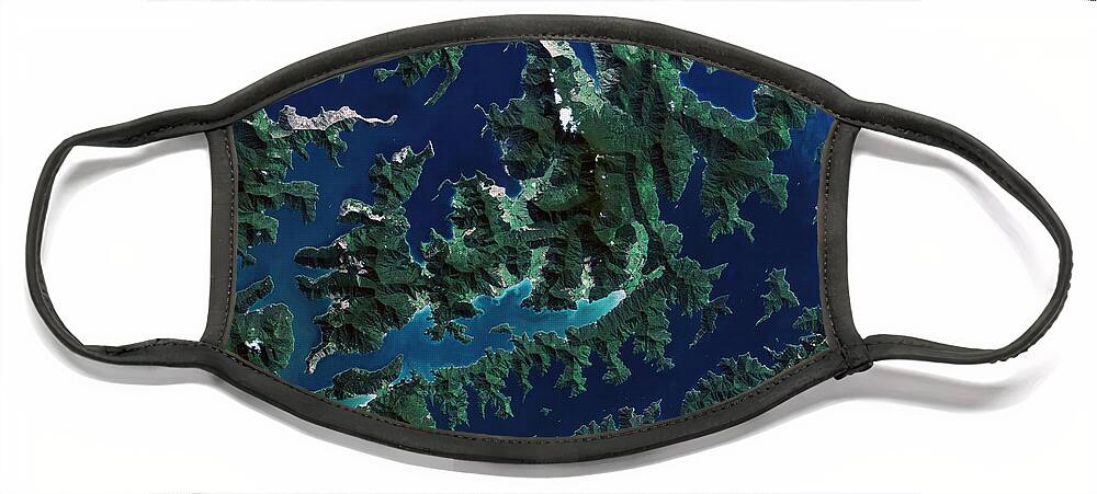 Satellite Image Face Mask featuring the digital art Cook Strait, New Zealand from space by Christian Pauschert