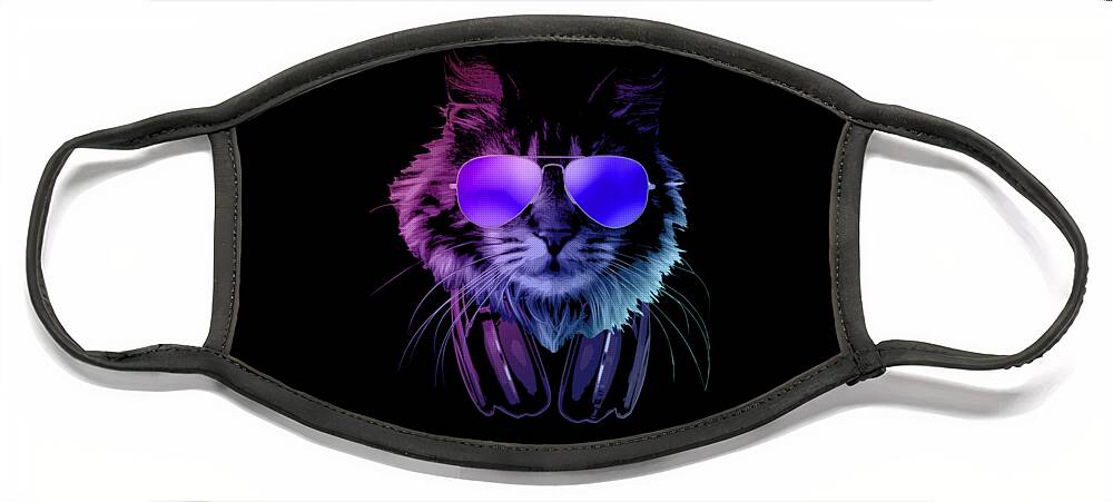 Cat Face Mask featuring the digital art Cool DJ Furry Cat In Neon Lights by Filip Schpindel