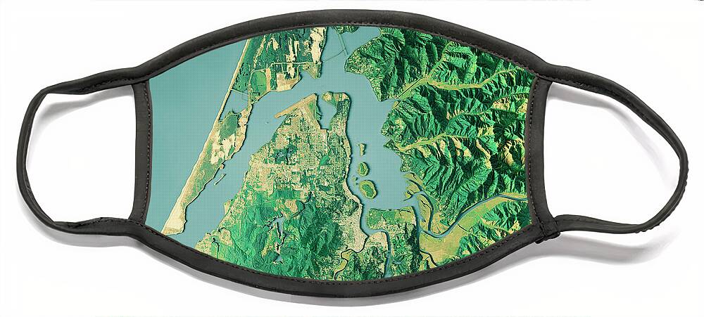 Coos Bay Face Mask featuring the digital art Coos Bay 3D Render Topographic Map Color by Frank Ramspott