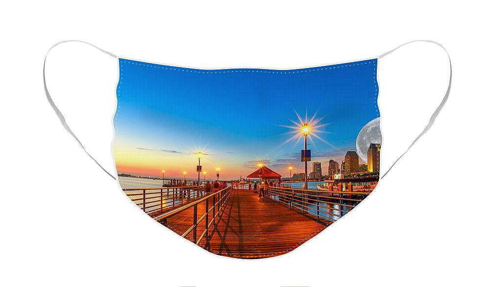 San Diego Face Mask featuring the photograph Coronado pier with full moon by Benny Marty