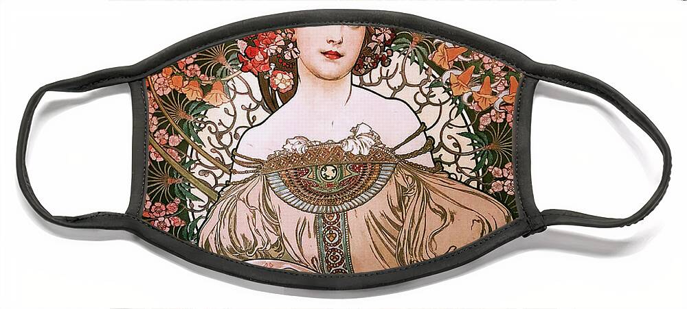 Daydream Face Mask featuring the painting Daydream by Alphonse Mucha White Background by Rolando Burbon