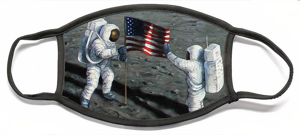 Astronauts Face Mask featuring the mixed media Deploying The Flag by Lucy West